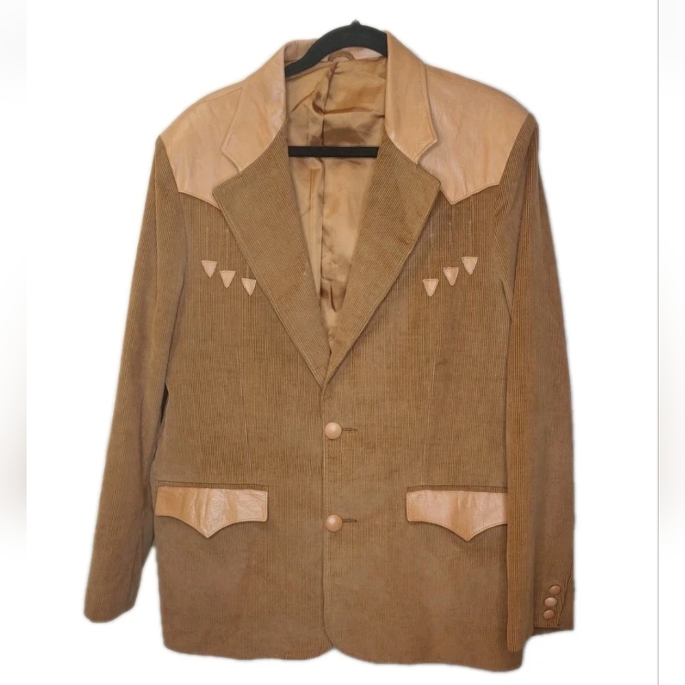 Pioneer Wear Leather Corduroy Sport Coat Men 46 Brown Rockabilly Western Vintage